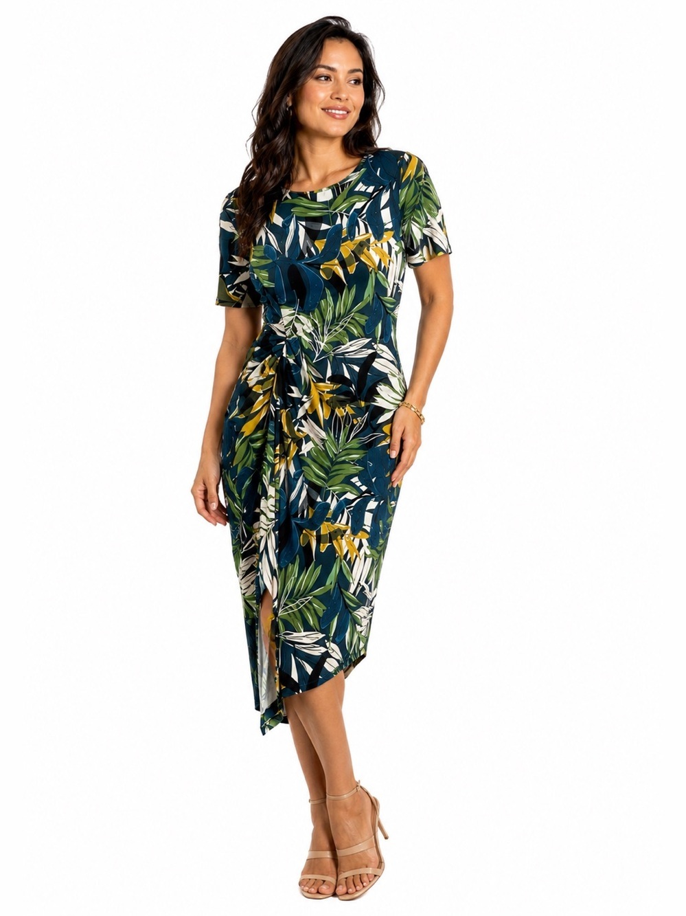 Per Una Dress Floral Tropical Stretch Midi Shortsleeve Bodycon Blue Green Size M